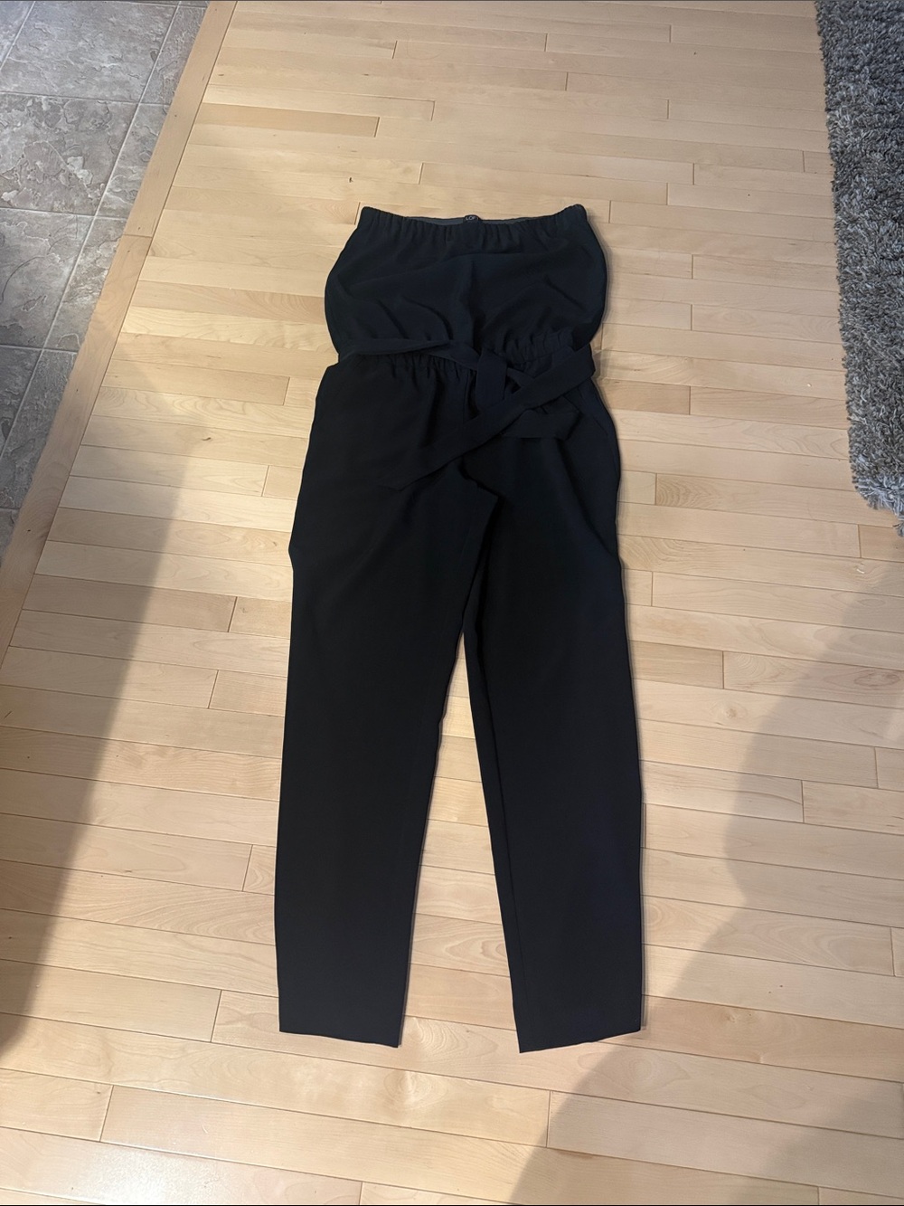 LOFT Black Strapless Tie-Waist Jumpsuit with Tapered Legs